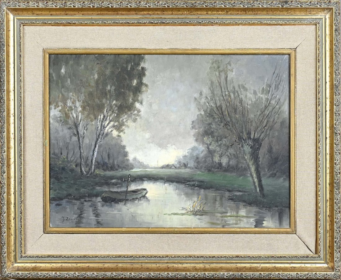 J. Zeldenrust, Lake view: J. Zeldenrust. 20th Century. View of a lake with a rowing boat and pollard willows. Oil on panel. Dimensions: H 30 x W 44 cm. In good condition.