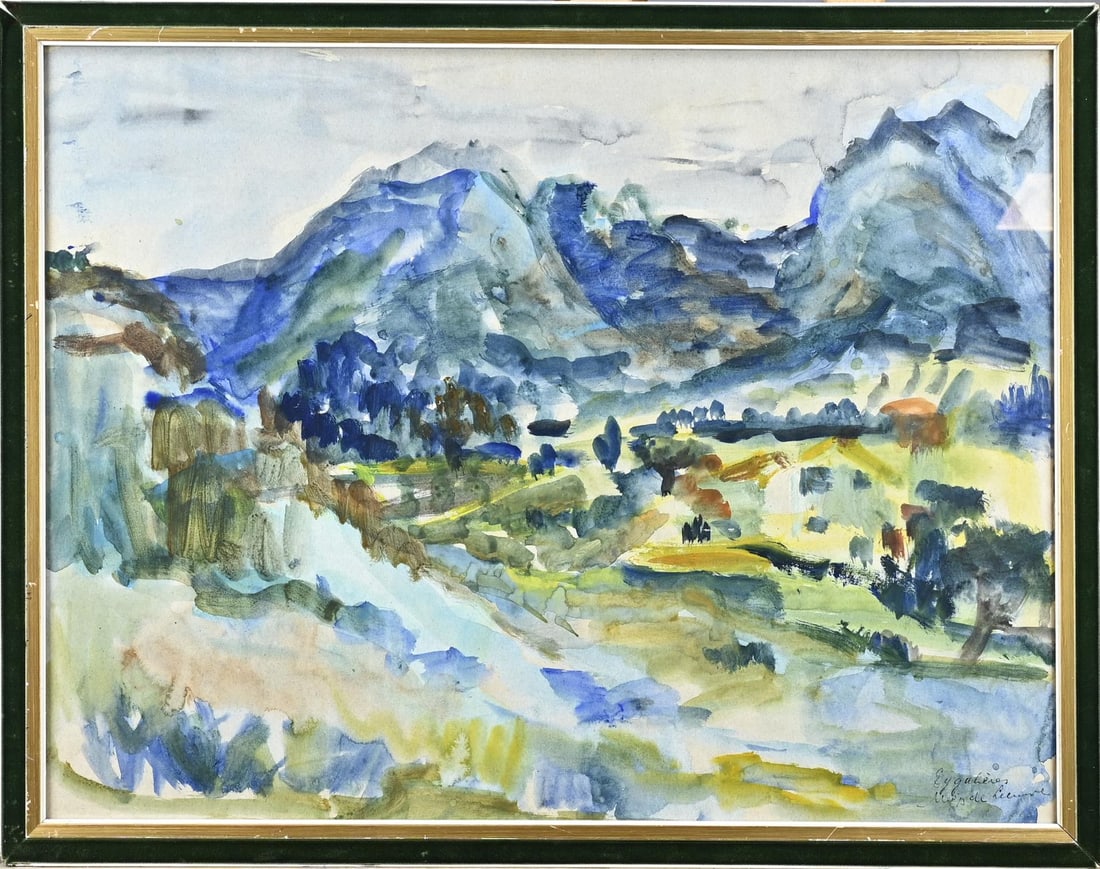 Miep de Leeuwe, Mountain landscape Eijgalieres Frankfurt: Miep de Leeuwe. Mountain landscape, Eijgalieres Frankfurt. Watercolour on paper. Dimensions: H 50 x W 65 cm. In good condition.