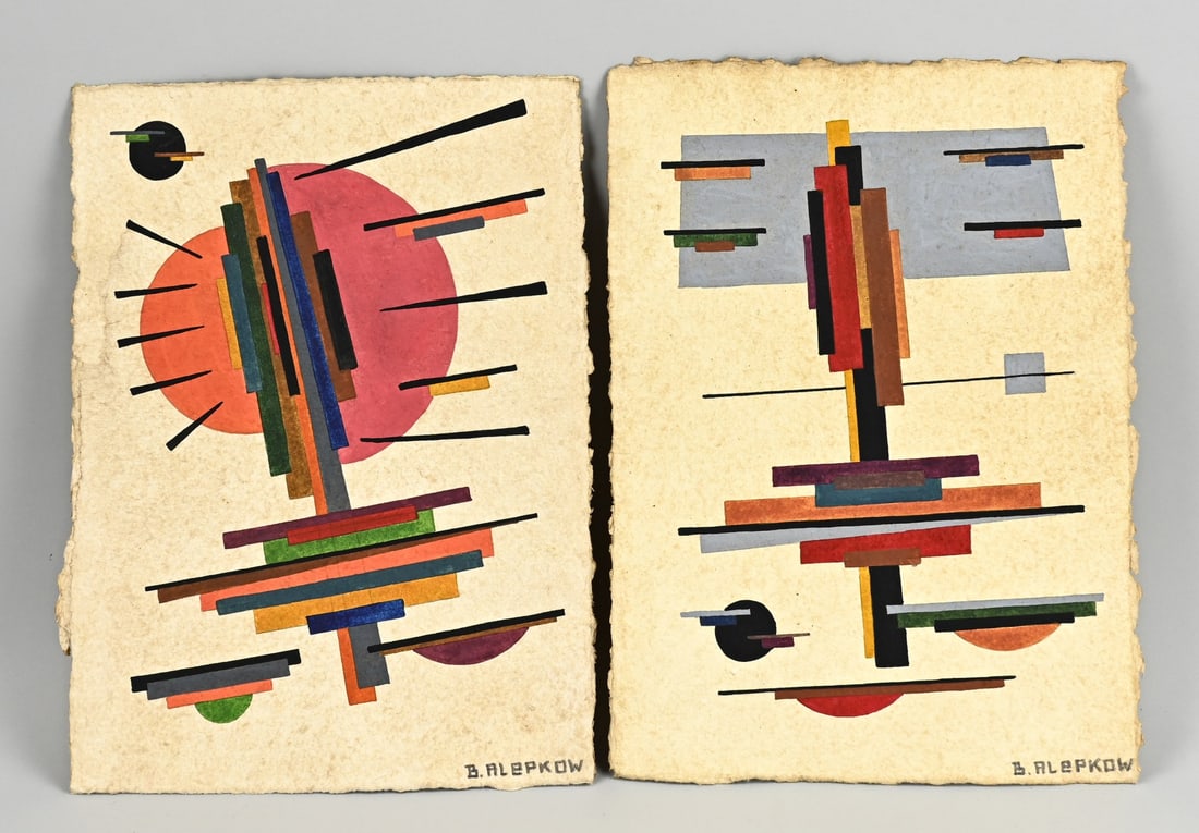 2x Russian Advandgarde: 2x B. Alepkow. Russian 60s advandgarde. Abstract style. Gouaches on paper. Dimensions: H 38 x W 27.5 cm. In good condition.