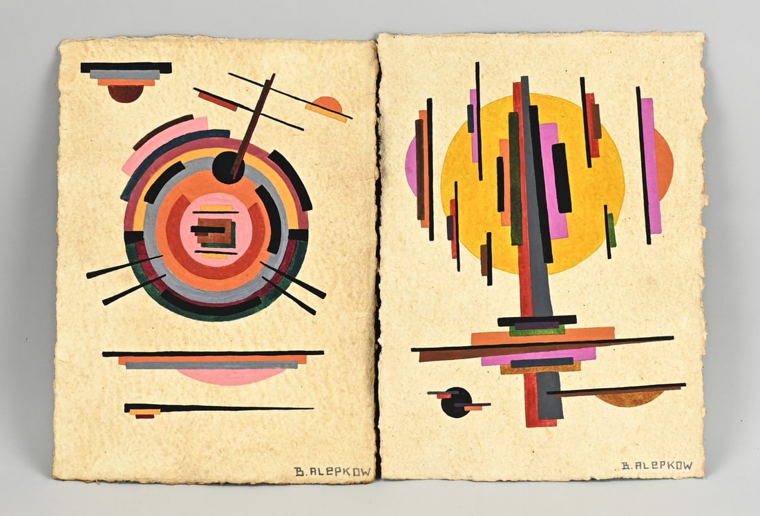 2x Russian Advandgarde: 2x B. Alepkow. Russian 60s advandgarde. Abstract style. Gouaches on paper. Dimensions: H 38 x W 27.5 cm. In good condition.