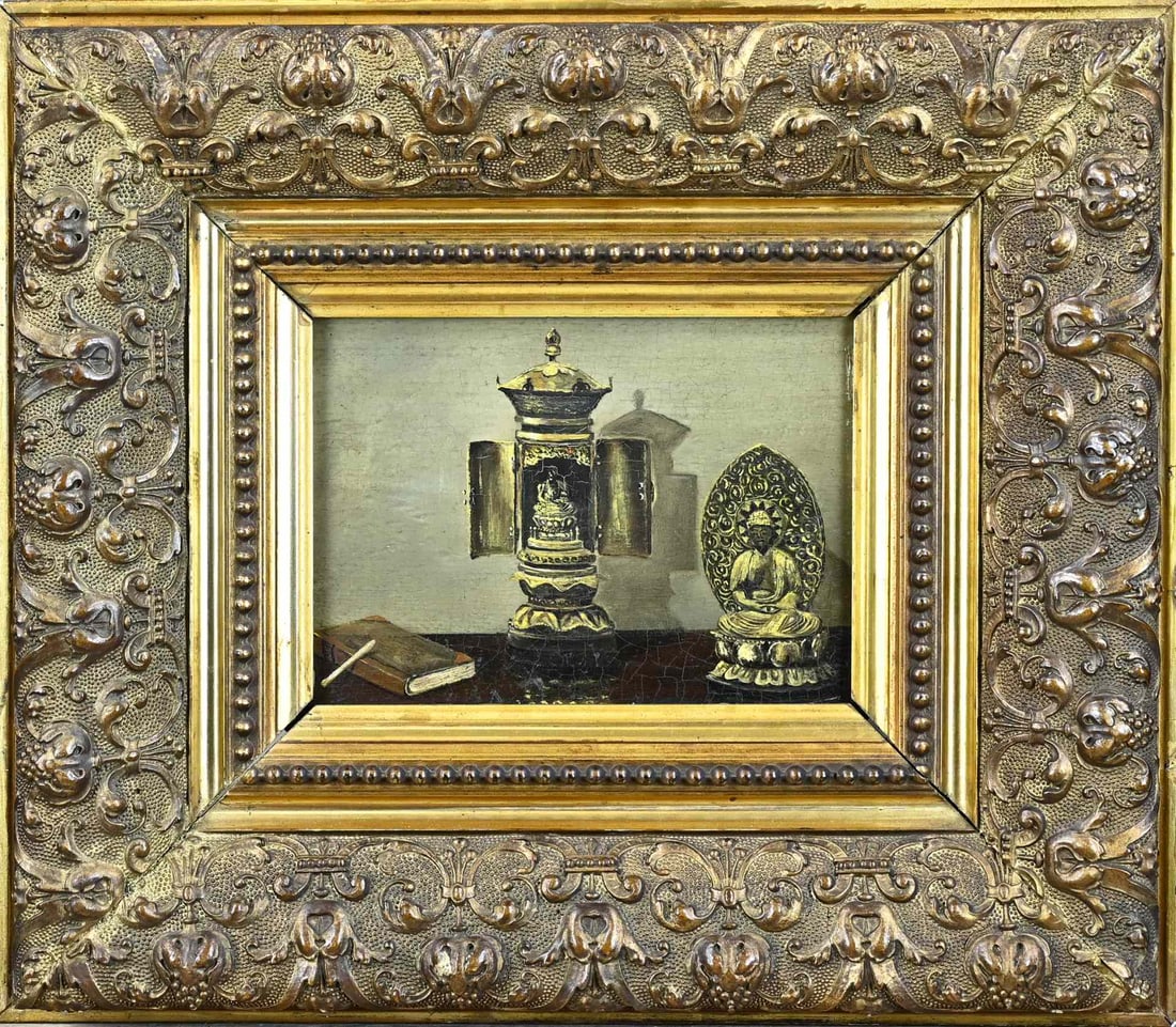 Unsigned, Still life: Unsigned. Circa 1900. Still life with oriental Buddha figures. Oil on panel. Dimensions: H 15 x W 20 cm. In good condition.