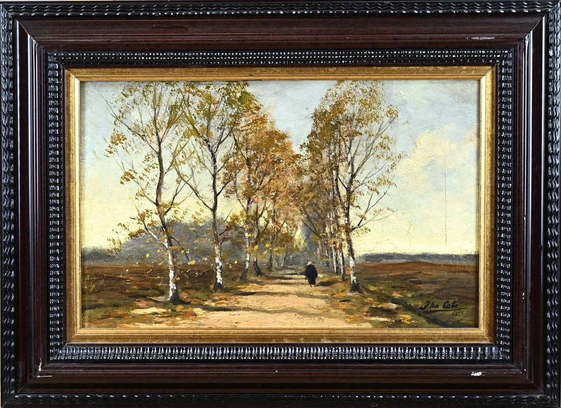J. ten Cate, Sandy path with birch tree and walker: J. ten Cate. Circa 1900. Sandy path with birch trees and walker. Oil on canvas. Dimensions: H 22 x W 33 cm. In good condition.
