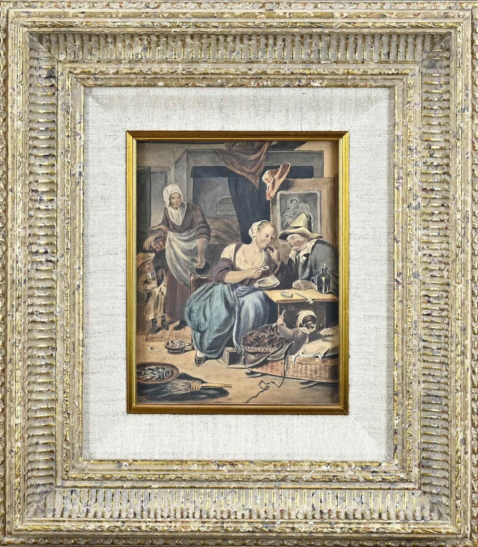 Unsigned, Tavern with figures: Unsigned. 19th century. Tavern with figures. Watercolour on paper. Dimensions: H 20 x W 16 cm. In good condition.
