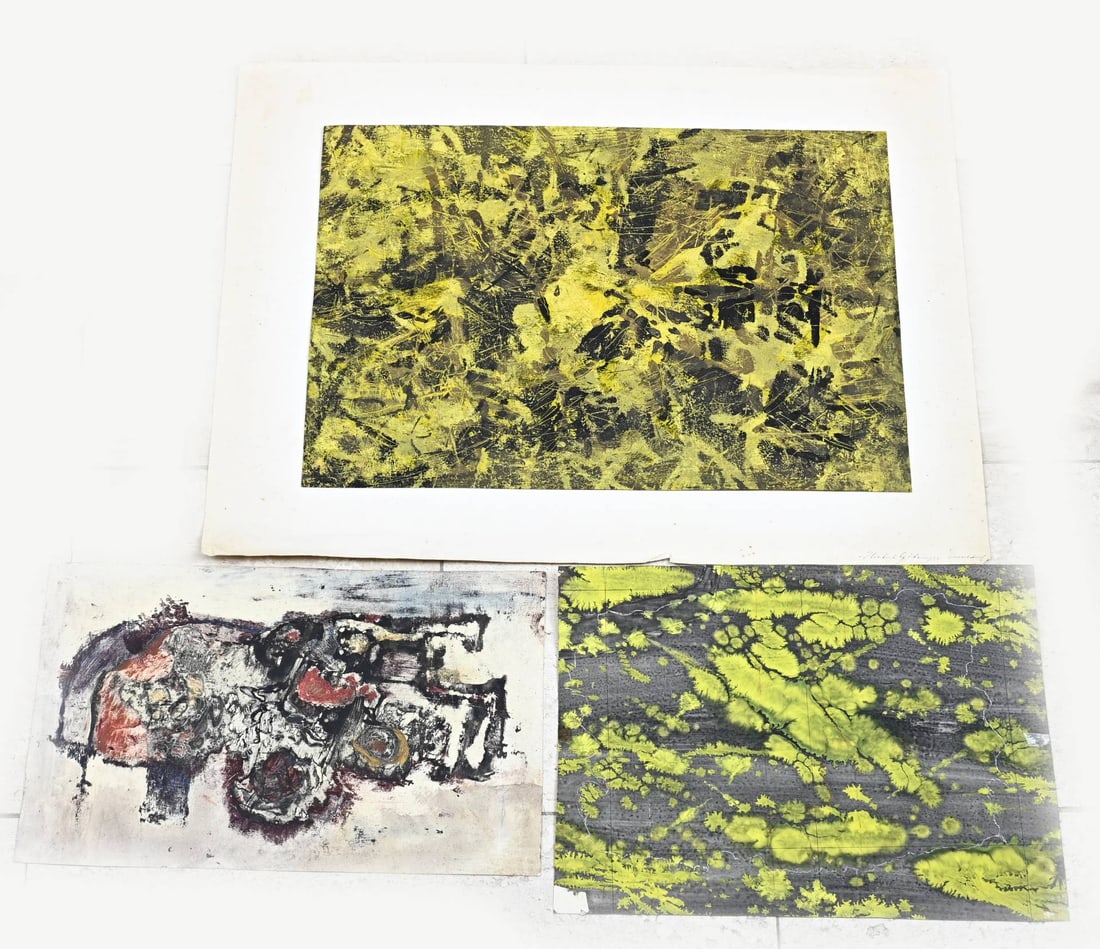 3x Painting, Abstract: Three 60s works on paper. Abstract compositions. 1x P. Vlerick verso. 1x Herbert Götzinger Düsseldorf. Acrylic on paper. Size: 38 - 51 cm. In fair/good condition.