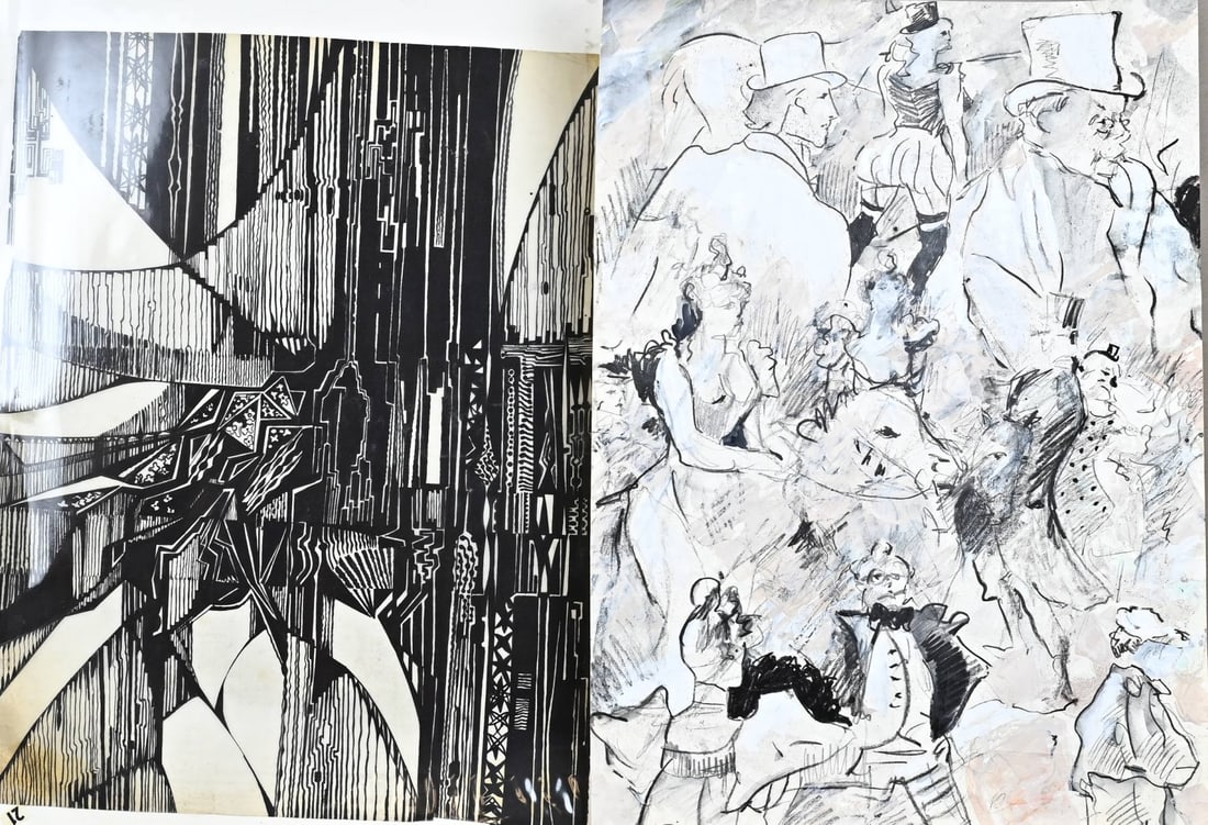 2x 60s works: Two 60s works. 1x Mixed media, figures. 1x Abstract, woodcut on rice paper. Size: 50 - 55 cm. In fair/good condition.