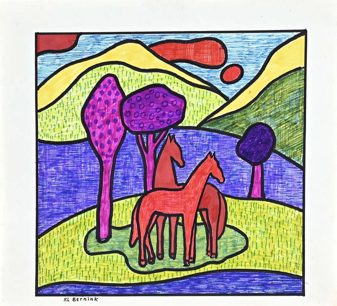 Klaas Bernink, Horses in a landscape: Klaas Bernink. 1913 - 1996 Glanerbrug. Horses in a landscape. Felt-tip pen on paper. Dimensions: H 26 x W 28 cm. In good condition.