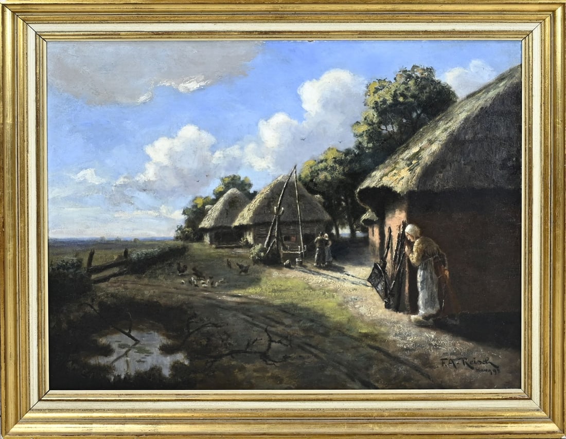 FA Reisch, Figures at farmsteads: FA Reisch. 1862 - . German School. Figures at farms with thatched roofs. Doubled. Oil on canvas. Dimensions: H 57 x W 70 cm. In good condition.