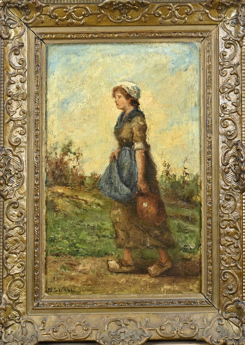 E. v. Waal, Peasant girl with jug: E. v. Waal. Circa 1900. Belgian School? Peasant girl with jug. Oil on canvas. Dimensions: H 51 x W 34 cm. In good condition.