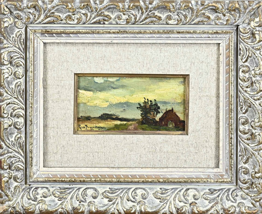 Geo Poggenbeek, Landscape with house: Geo Poggenbeek. 1853 - 1903. Landscape with house. Oil on panel. Dimensions: H 8 x W 16 cm. In good condition.
