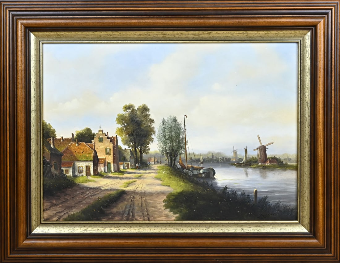 J. vd Steen, Romantic Dutch river view: J. vd Steen. 20th Century. Romantic Dutch river view. Oil on canvas. Dimensions: H 50 x W 70 cm. In good condition.