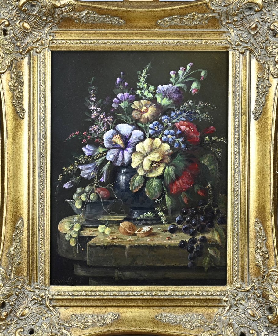 Heesakkers, Still life: Heesakkers. 1946 - . Flower still life with fruit. Oil on panel. Dimensions: H 40 x W 30 cm. In good condition.