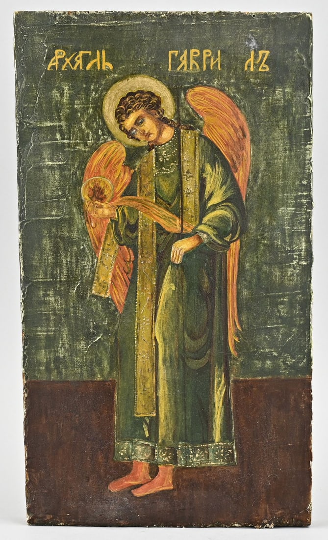 Old icon: Old hand-painted icon with angel. 20th century. Dimensions: H 35 x W 20 cm. In good condition.