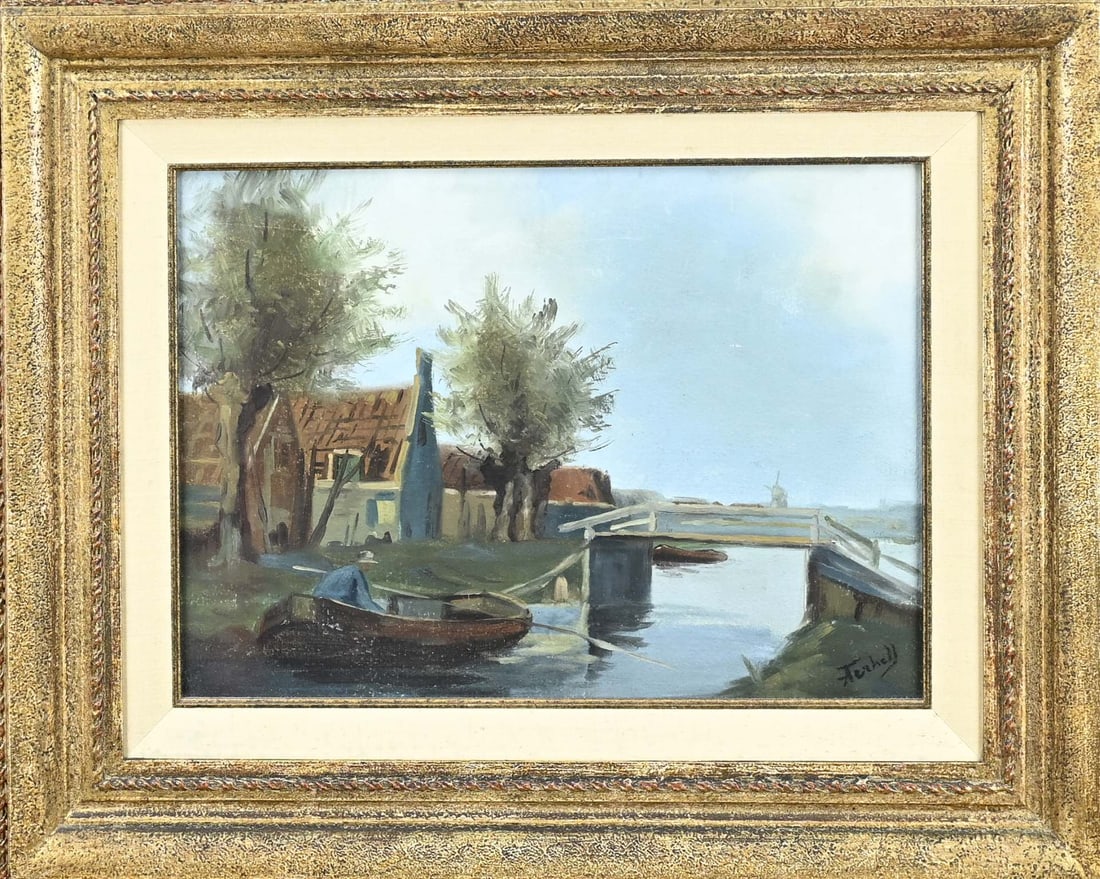 A. Terhell, Man in rowing boat: Alexander Terhell. 1863 - 1949. Man in rowing boat at bridge. Gouache on paper. Dimensions: H 27 x W 37 cm. In good condition.