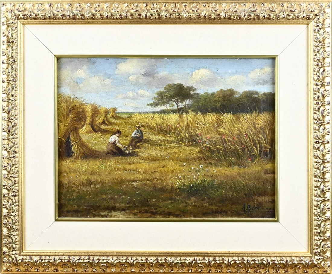 A. Beekmans, Landscape with sheaves of corn: A. Beekmans. Belgian School. Circa 1900. Landscape with sheaves of corn, farmer and farmer's wife. Oil on canvas. Dimensions: H 31x W 40 cm. In good condition.