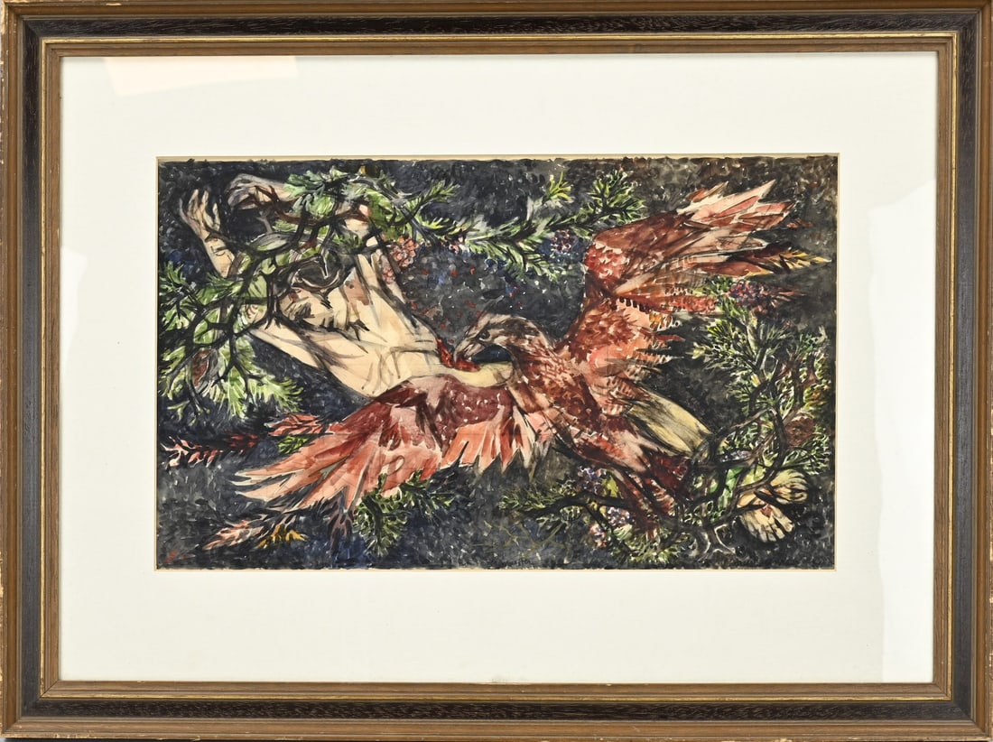 Louis Boermeester, Bird of prey in boscage: Louis Boermeester. Bird of prey in boscage. Watercolor on paper. Dimensions: H 27 x W 44 cm. In good condition.