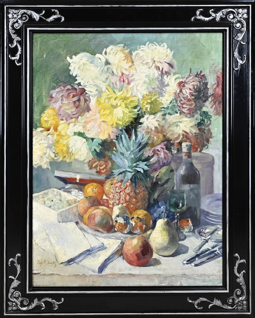 Emile Lecomte, Still Life: Emile Lecomte. Verso Paul Emilie Lecomte. Belgian School. 1877 - 1950. Still life with fruit etc. Oil on canvas. Dimensions: H 80 x W 60 cm. In good condition.