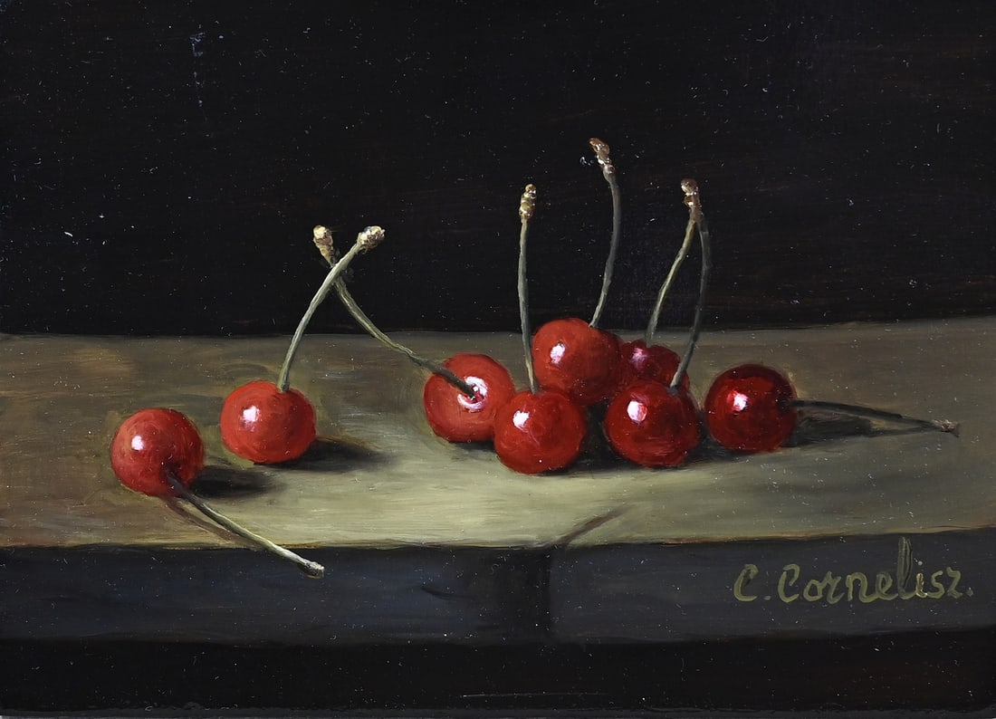 C. Cornelisz, Cherries: C. Cornelisz. 21st Century. Still life with cherries. Oil on panel. Dimensions: H 13 x W 18 cm. In good condition.