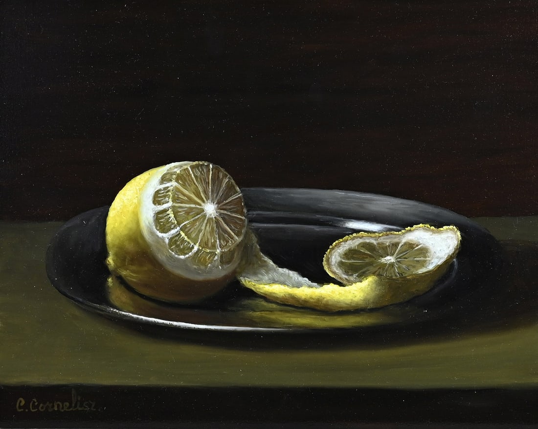 C. Cornelisz, Lemon with tin: C. Cornelisz. 21st Century. Still life with lemon. Oil on panel. Dimensions: H 24 x W 30 cm. In good condition.