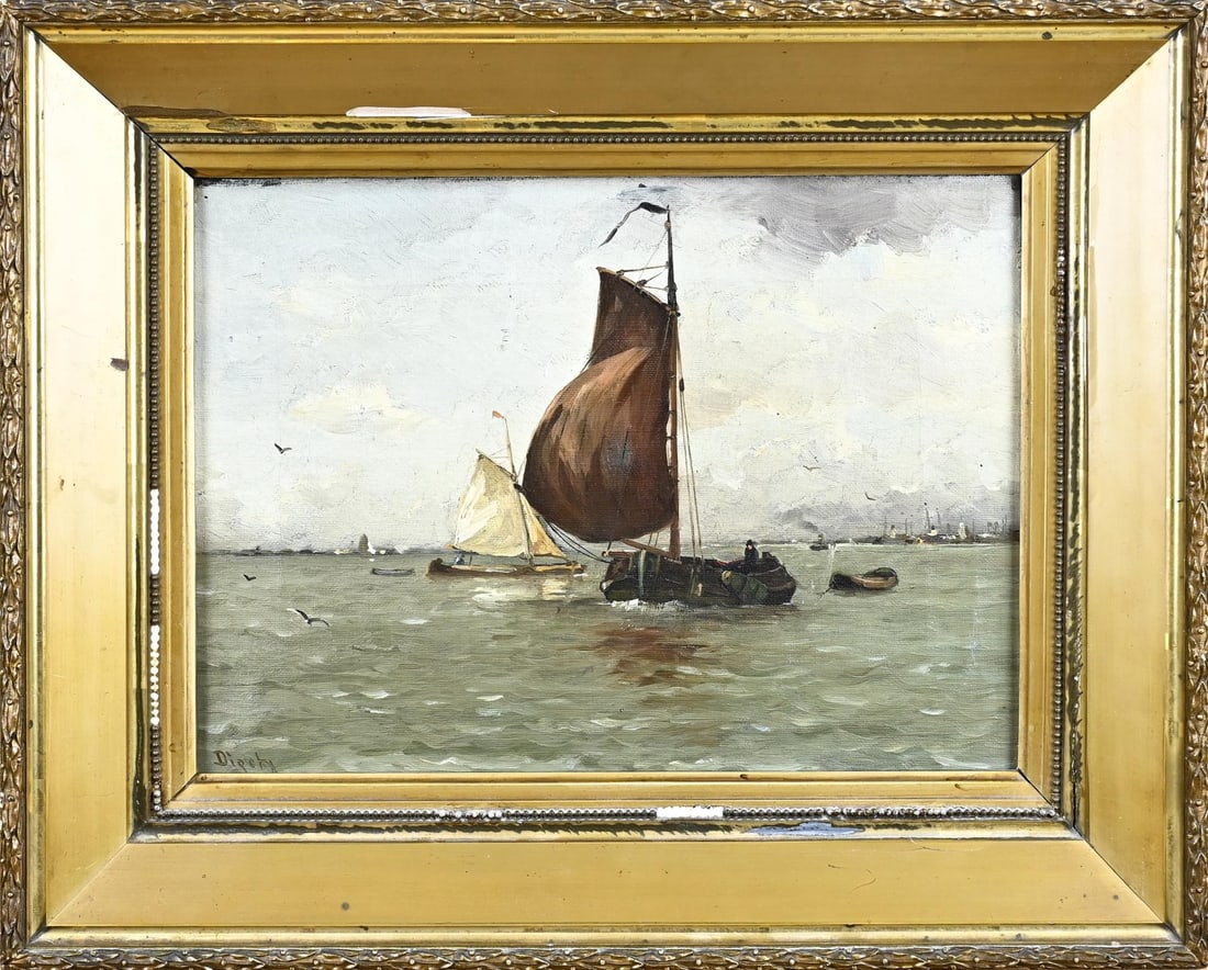 Anton Dirckx, Lake view with boats: Anton Dirckx. 1878 - 1927. Lake view with boats. Oil on canvas. Dimensions: H 25 x W 35 cm. In good condition.