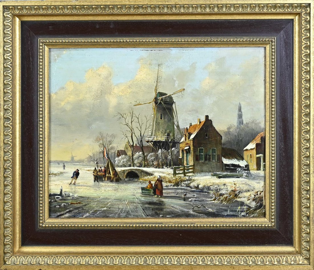 Unclear, romantic winter view: Unclear. Circa 1900. Romantic Dutch winter scene with ice fun. Oil on panel. Dimensions: H 30 x W 38 cm. In reasonable/good condition.