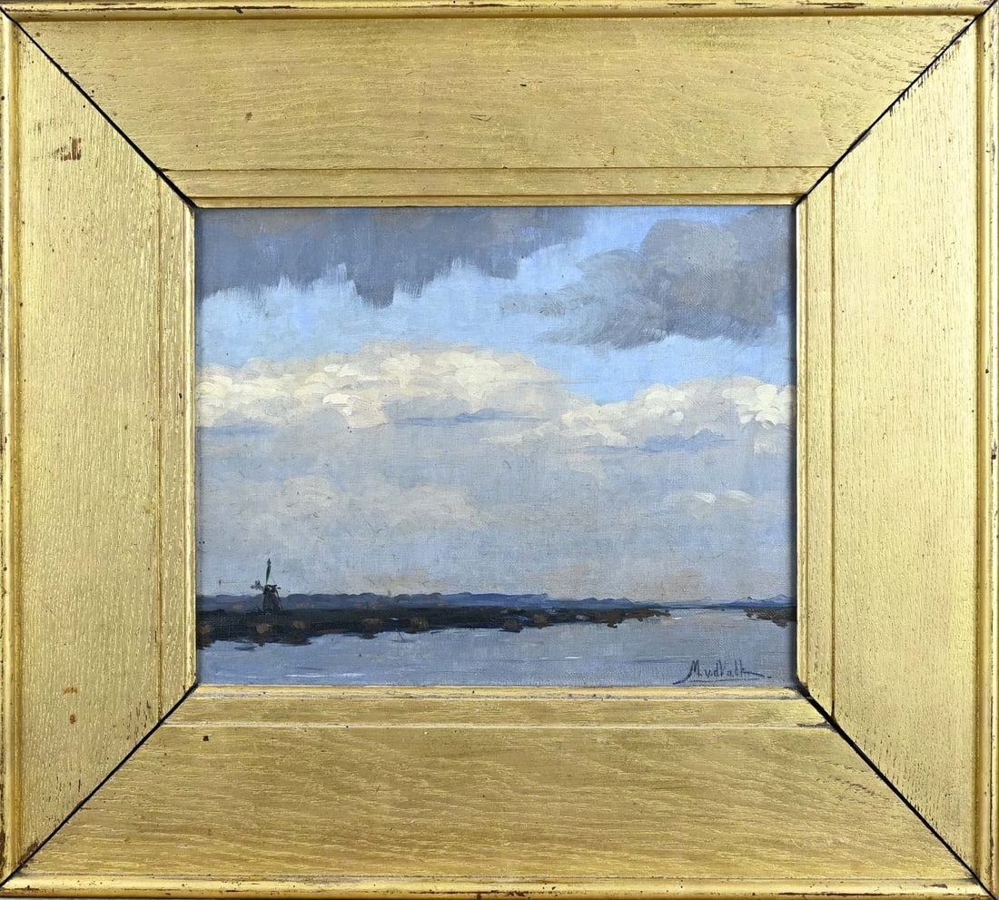 M. v/d Valk, Lake view with windmill: Maurits v/d Valk. 1857 - 1935. View of a lake with a windmill. Oil on canvas. Dimensions: H 24 x W 31 cm. In good condition.