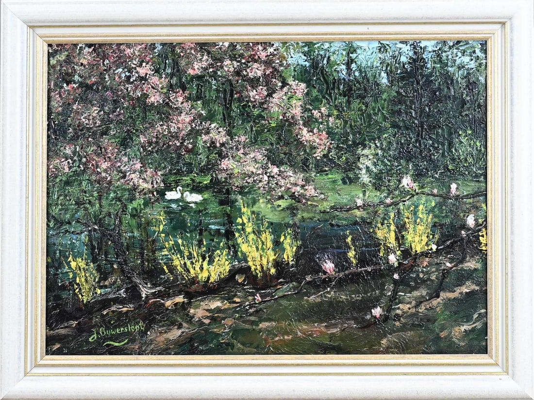 Jan Ouwersloot, Spring 1959 (pond with swans): Jan Ouwersloot. 1902 - 1975. Spring 1959, pond with swans. Oil on panel. Dimensions: H 33 x W 45 cm. In good condition.