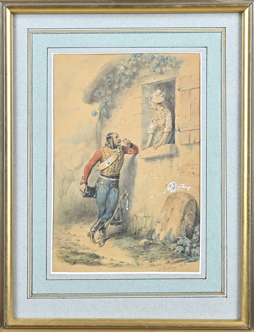 Bellange, Cavalarist: Bellange. 1848. French School. Cavalarist at window with woman. Mixed media on paper. Dimensions: H 24 x W 16 cm. In good condition.
