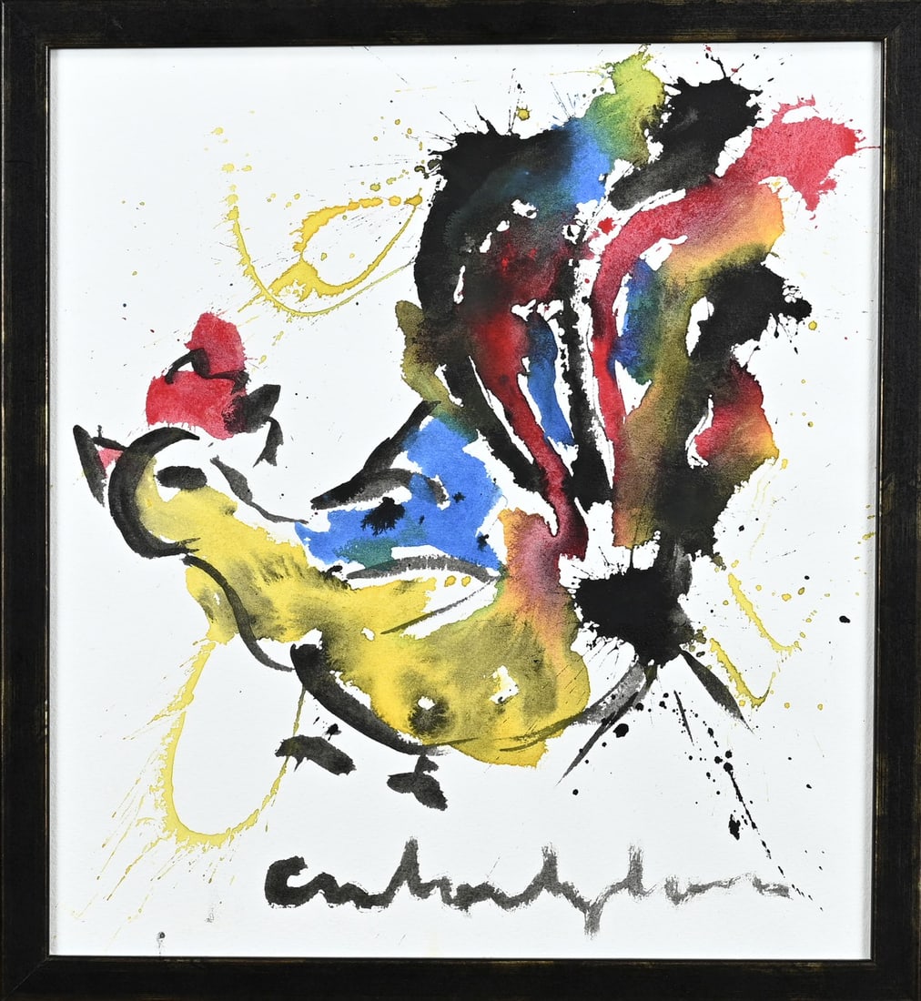 Anton Heyboer, Splash Chicken: Anton Heyboer. 1924 - 2005. Splatter chicken. Poster paint on paper. Dimensions: H 40 x W 35 cm. In good condition.