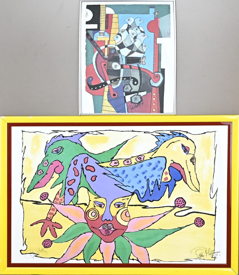 2x Patty Harpenau, 2x Birds: 2x Lithograph by Patty Harpenau. 1959 - . 1x Large, colorful birds. 1x Small, abstract birds. Size: 50 - 100 cm. In good condition.