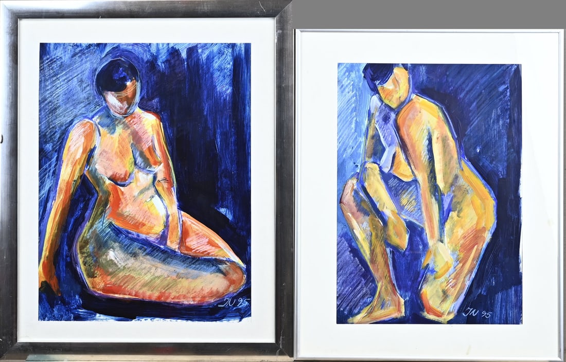 2x Jette Nielsen, Female nude: Two works by Jette Nielsen. 1995. 2x Female nude. Poster paint on paper. Dimensions: H 43 x W 33 cm. In good condition.