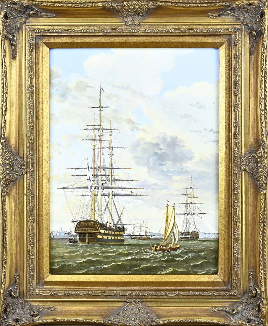 H. de Vroom, 17th century ships in bay: H. de Vroom. 20th Century. 17th Century ships in bay. Oil on panel. Dimensions: H 40 x W 30 cm. In good condition.