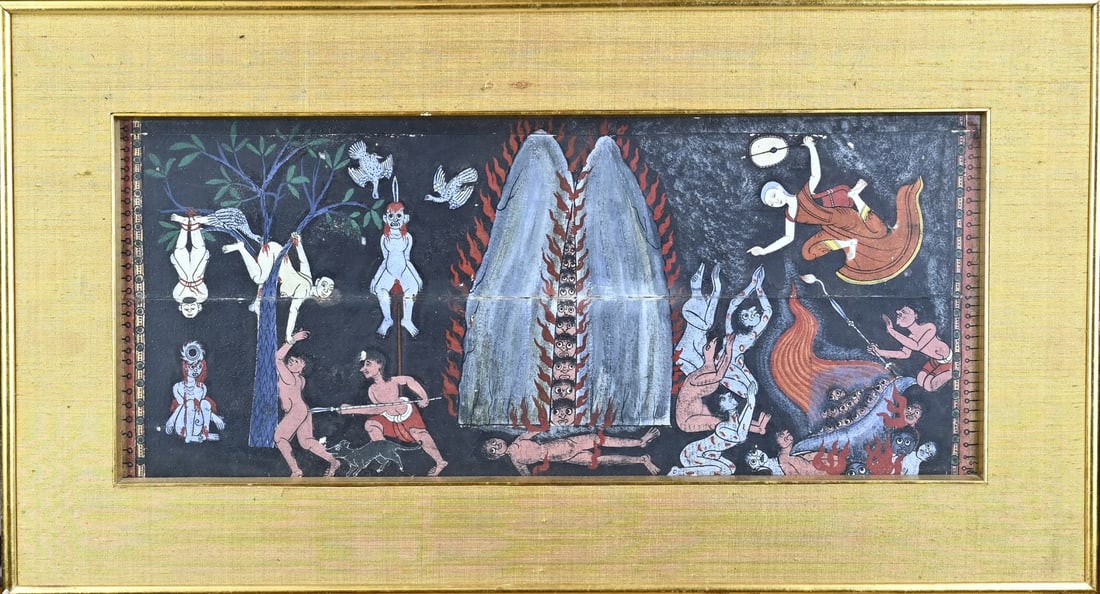 Persian painting, Religious: Antique Persian gouache. Religious, figures representation. Gouache on paper. Dimensions: H 28 x W 70 cm. In reasonable condition.