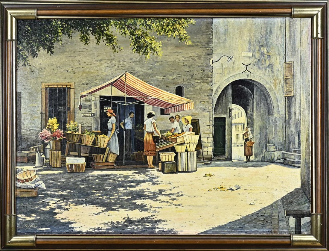 G. Staal, Cityscape of Monaco: G. Staal. 20th Century. Cityscape Monaco with market. Oil on canvas. Dimensions: H 50 x W 70 cm. In good condition.