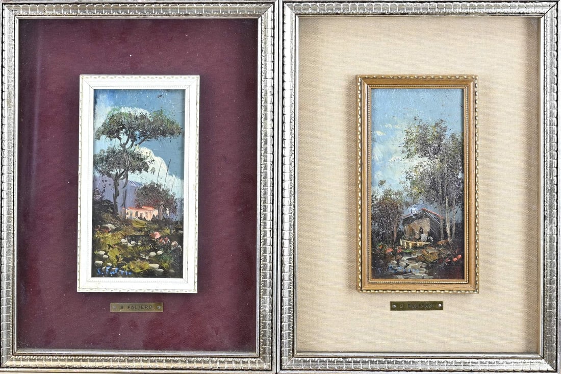 2x S. Faliero, Landscapes with houses: 2x S. Faliero. Italian School. 20th Century. Landscapes with houses. Oil on panel. Dimensions: H 20 x W 10 cm. In good condition.