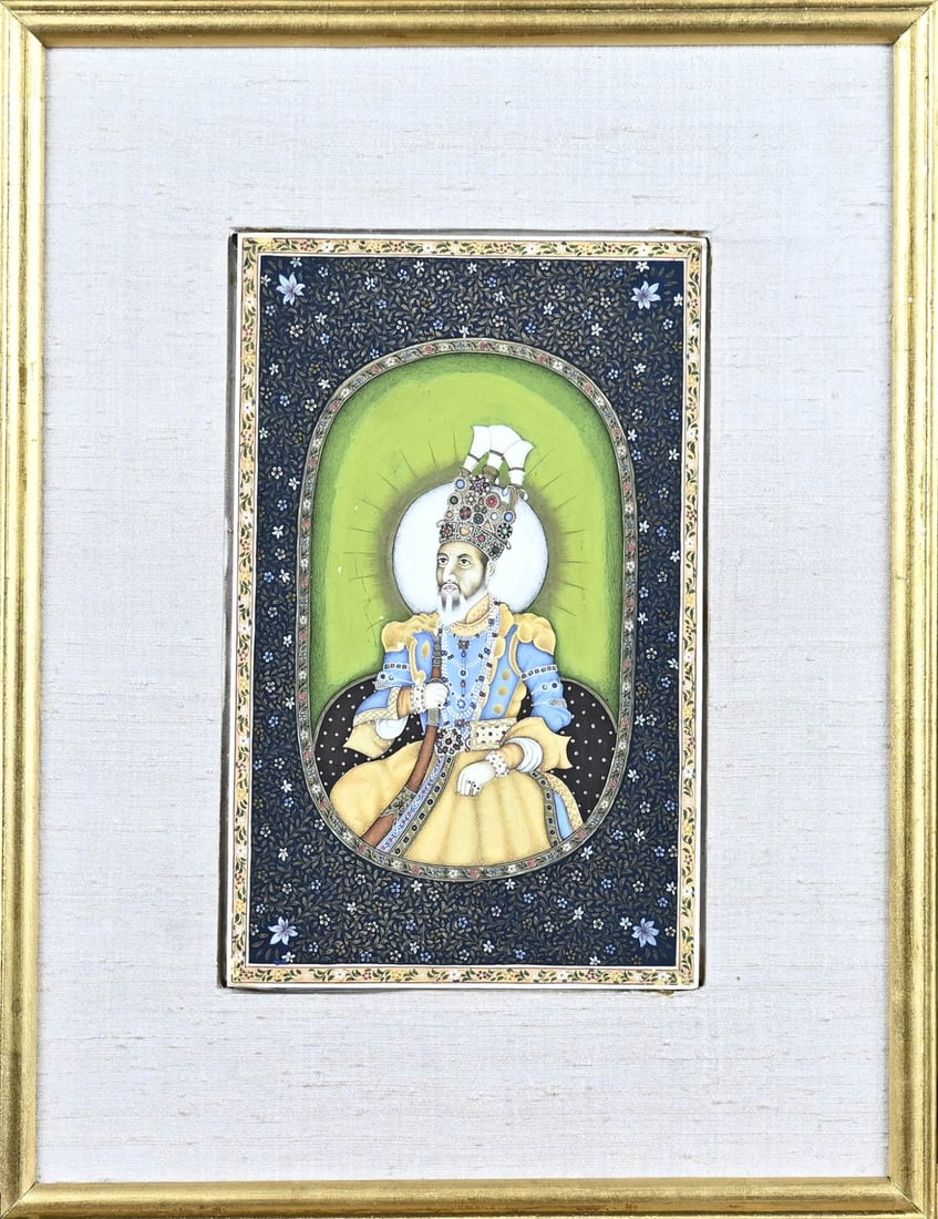 Persian gouache, Sultan: Persian gouache on bone panel. Sultan. Miniature painting. Dimensions: H 20 x W 12.5 cm. In good condition.