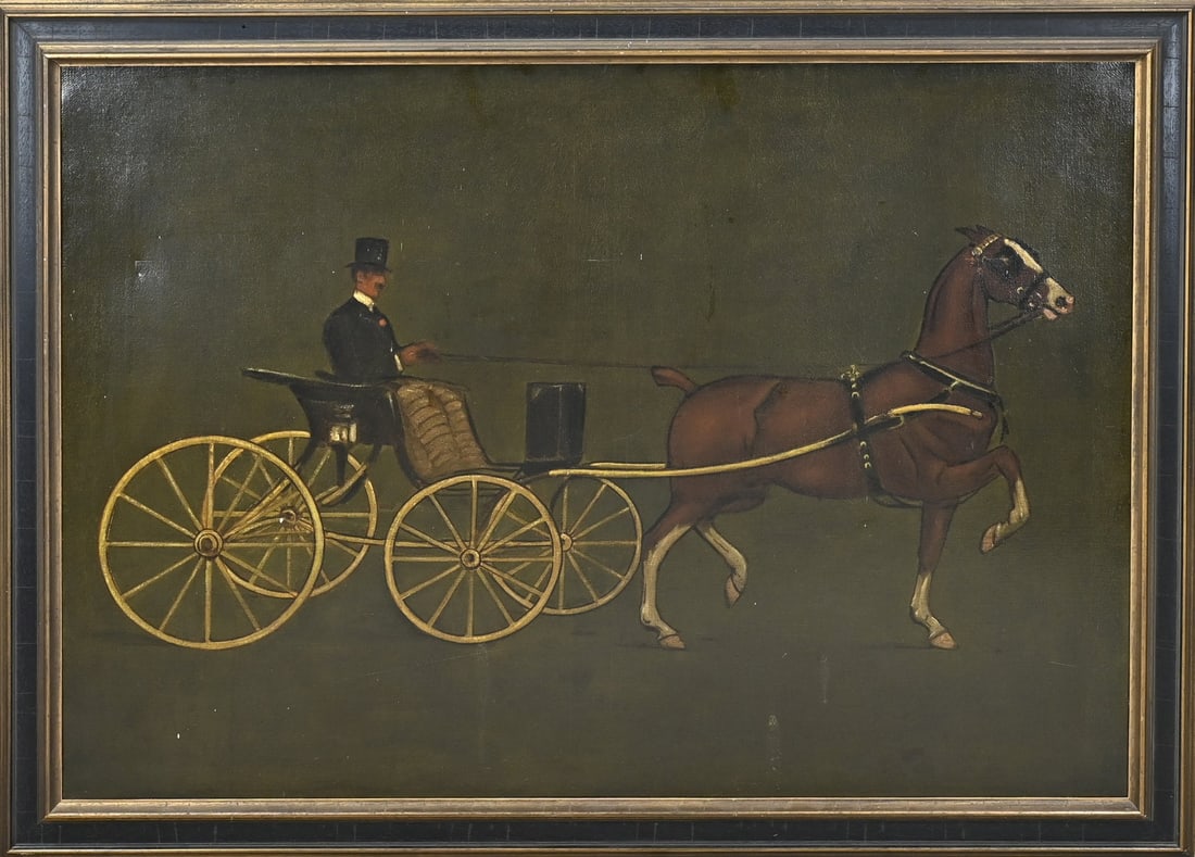 Unsigned, Carriage with rider: Unsigned. Circa 1900. Carriage with rider and top hat. Oil on canvas. Dimensions: H 80 x W 110 cm. In good condition.