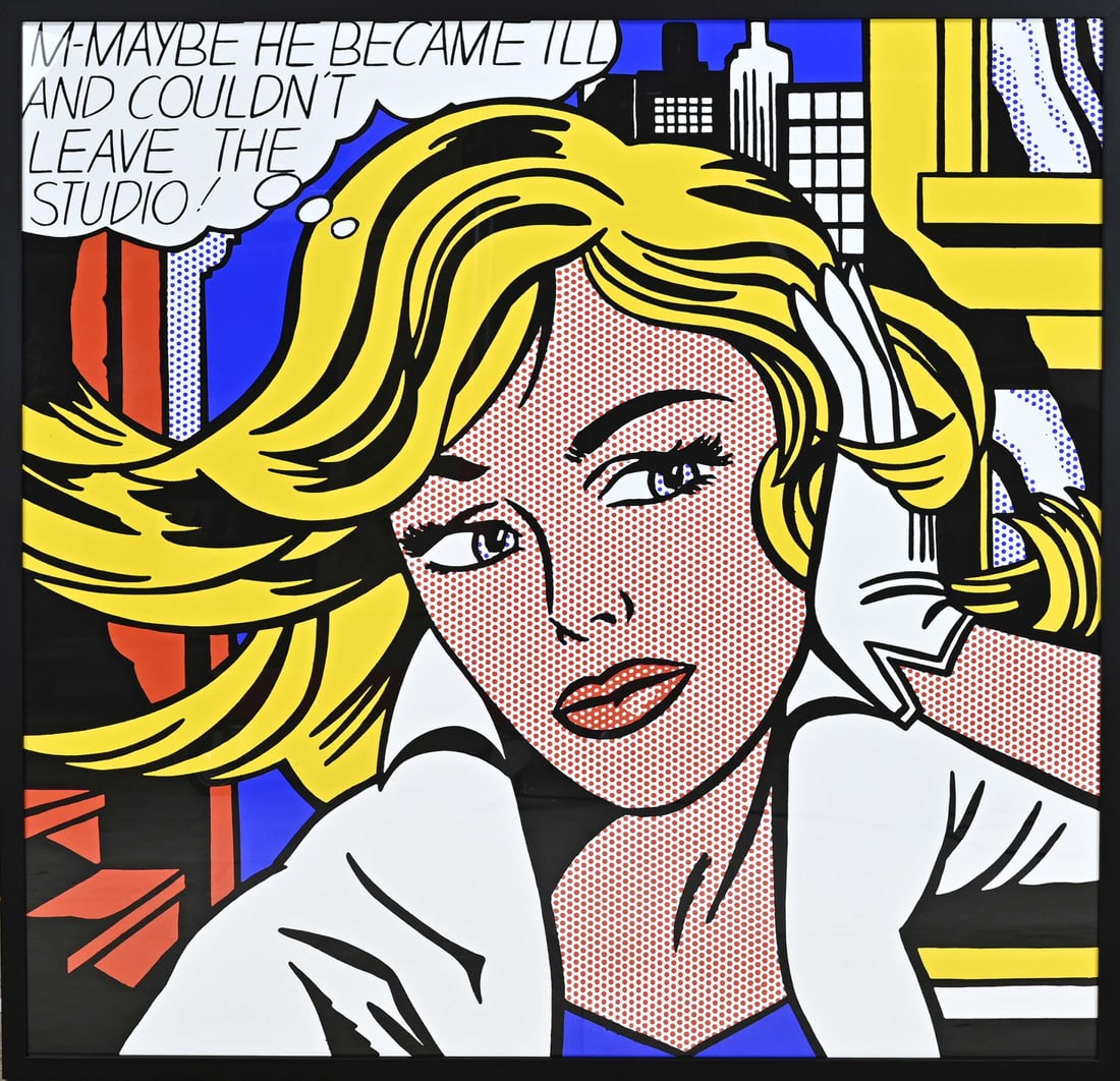 Roy Lichtenstein, Blonde lady in studio: Roy Lichtenstein. Reprint. Blonde lady in studio. Lithograph. Dimensions: H 93 x W 93 cm. In good condition.