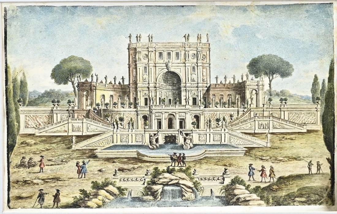 18th century watercolor, Casino al Pigneto: 18th Century French watercolour. Casino al Pigneto with figures. Mixed media on paper. Glued on. Dimensions: H 25.5 x W 41 cm. In good condition.