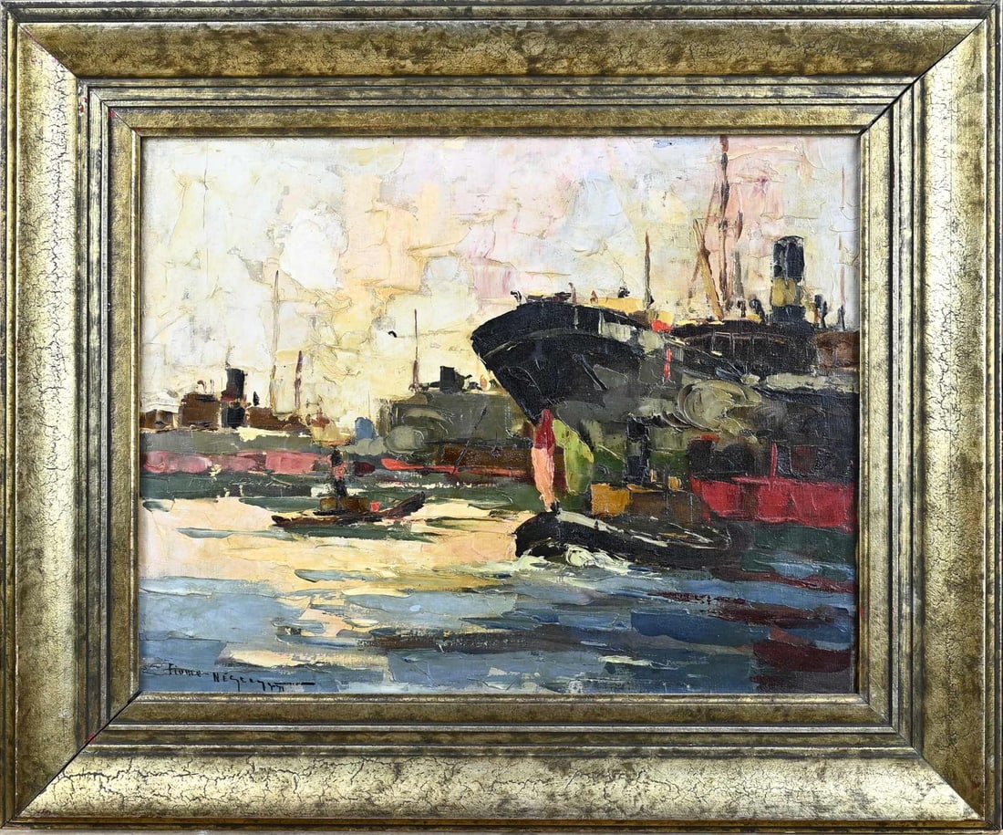 Belgian School, Cargo ships in port: Belgian School. Fioma ....?Cargo ships in harbour. Oil on canvas. Dimensions: H 40 x W 50 cm. In good condition.