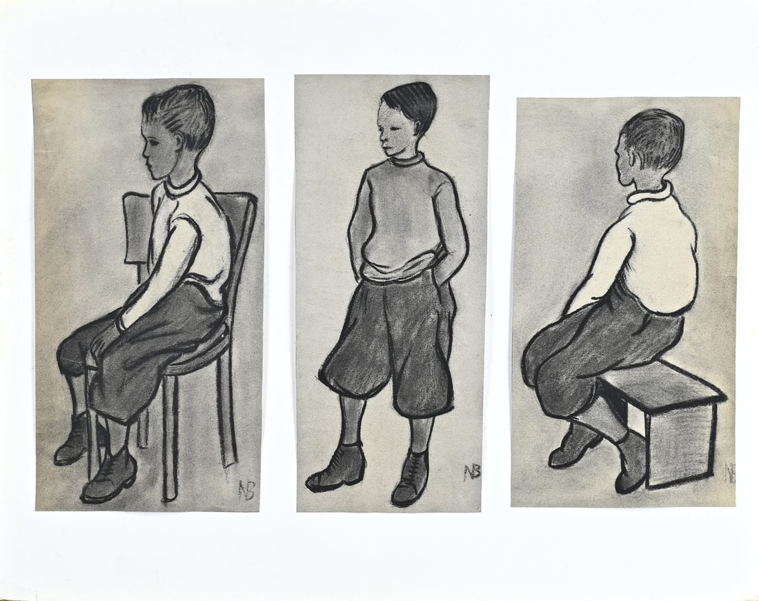 Klaas Bernink, Three Boys from Twente: Klaas Bernink. 1913 - 1996 Glanerbrug. Three boys from Twente. Charcoal on paper. Dimensions: H 34 x W 36 cm. In good condition.