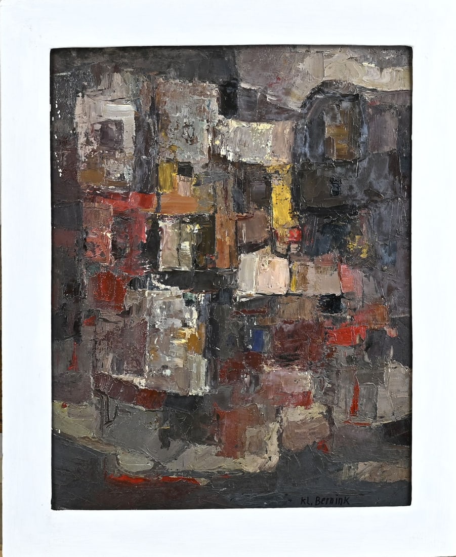 Klaas Bernink, Abstract: Klaas Bernink, 1958. 1913 - 1996 Glanerbrug. Title: Paris. Abstract composition. Oil on panel. Dimensions: H 50 x W 38 cm. In good condition.