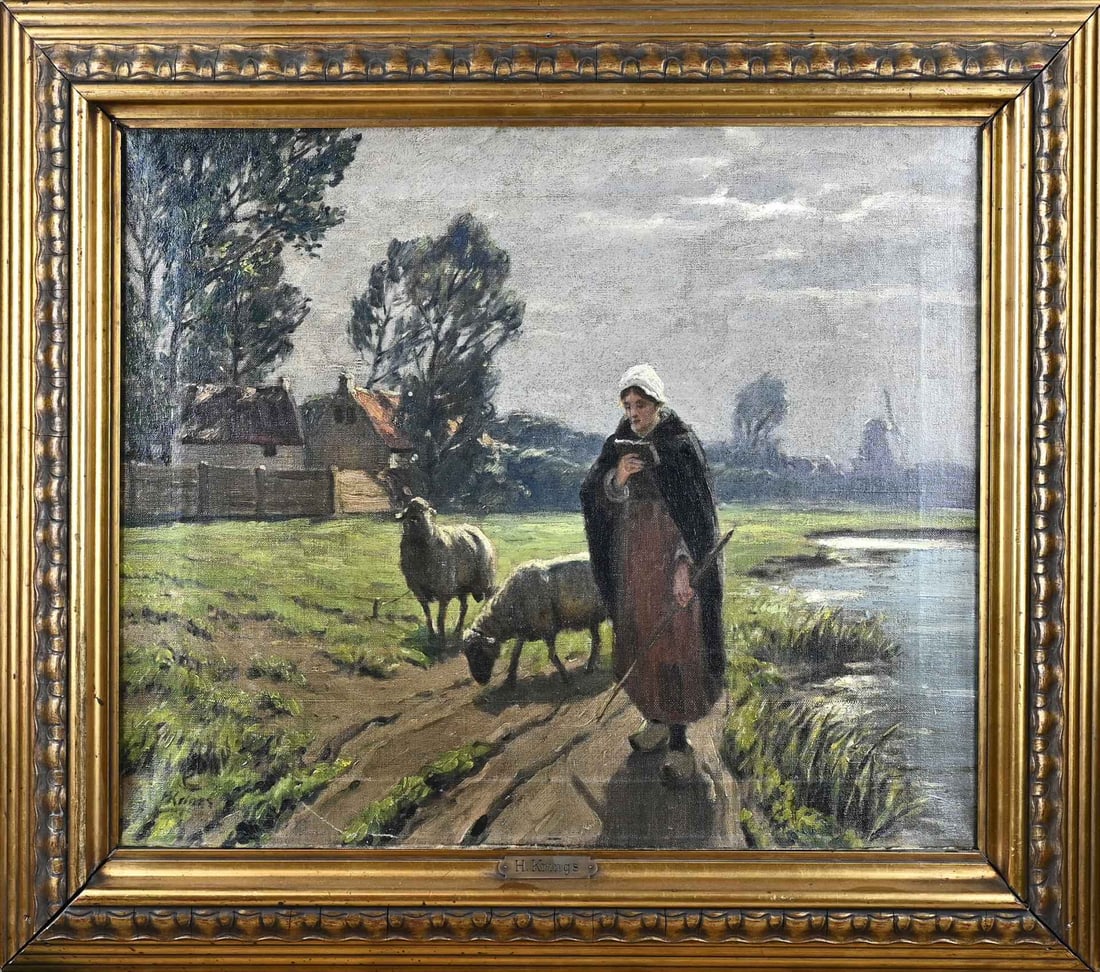 H. Krings, Shepherdess with book: Hugo Krings. 1878 - 1954. Dutch School. Circa 1900. Shepherdess with book and sheep along river. Oil on linen. Dimensions: H 49 x W 60 cm. In good condition.