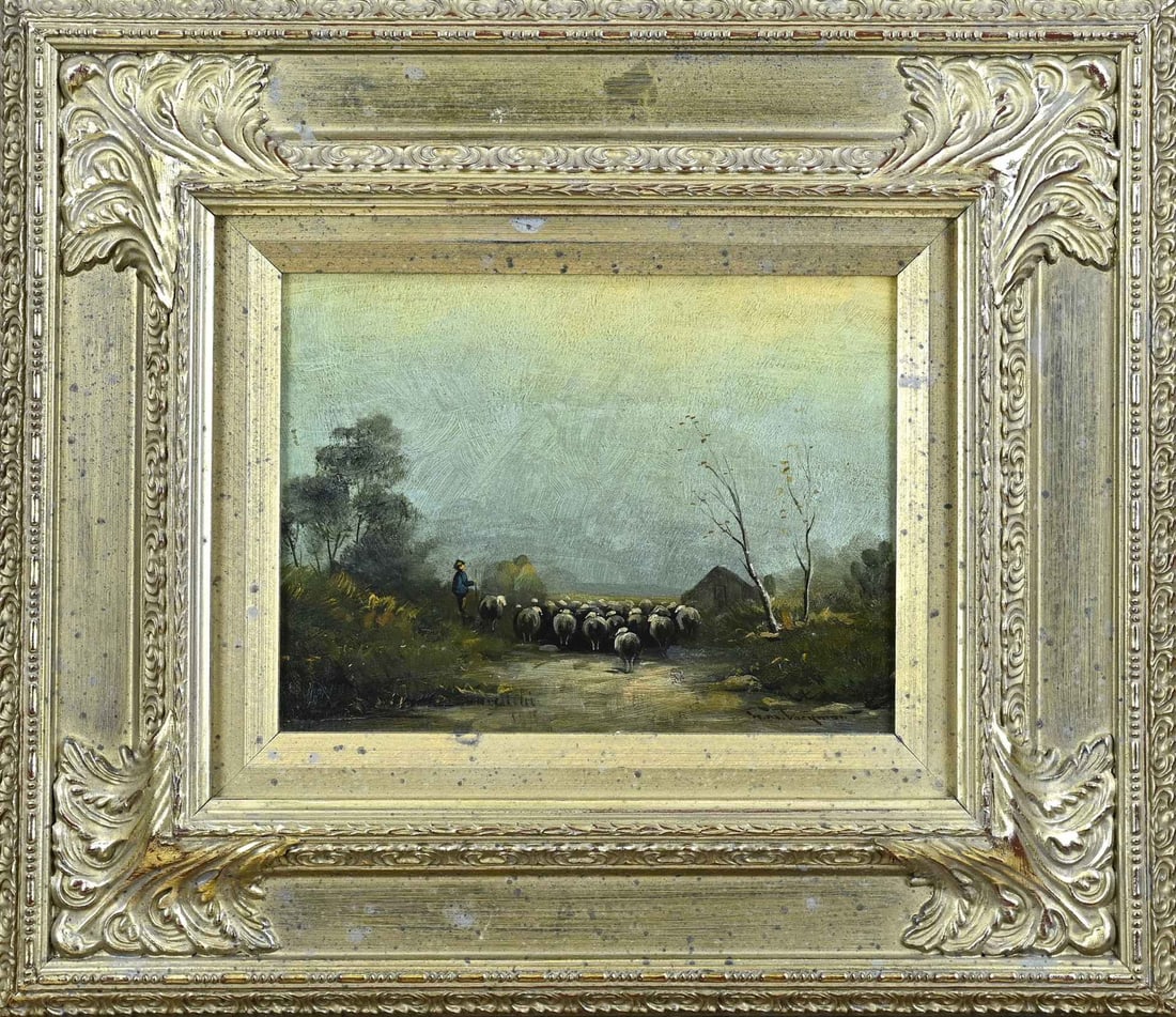 Unclear, Landscape with sheep and shepherd: Unclear. 20th century. Landscape with sheep and shepherd. Oil on panel. Dimensions: H 20 x W 25 cm. In good condition.