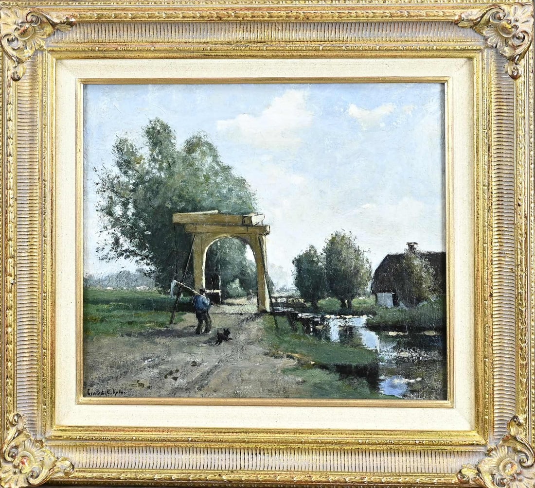 Gerard Krol, Landscape with drawbridge and figures: Gerard Krol. 1882 - 1950 Enschede. Kortenhoef period. Landscape with drawbridge and figures. Oil on canvas. Dimensions: H 34 x W 39 cm. In good condition.