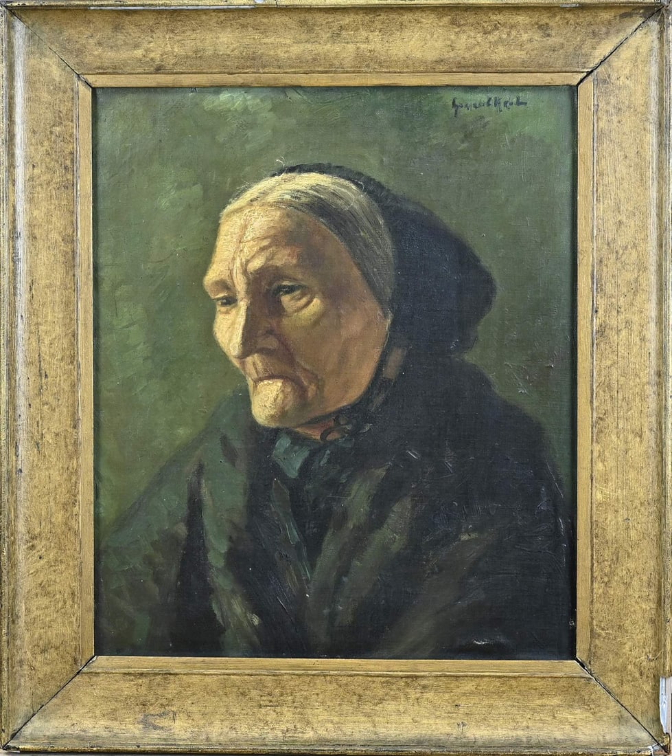 Gerard Krol, Portrait of a farmer's wife: Gerard Krol. 1882 - 1950 Enschede. Portrait of a farmer's wife. Oil on canvas. Marouflé. Dimensions: H 43 x W 35 cm. In good condition.