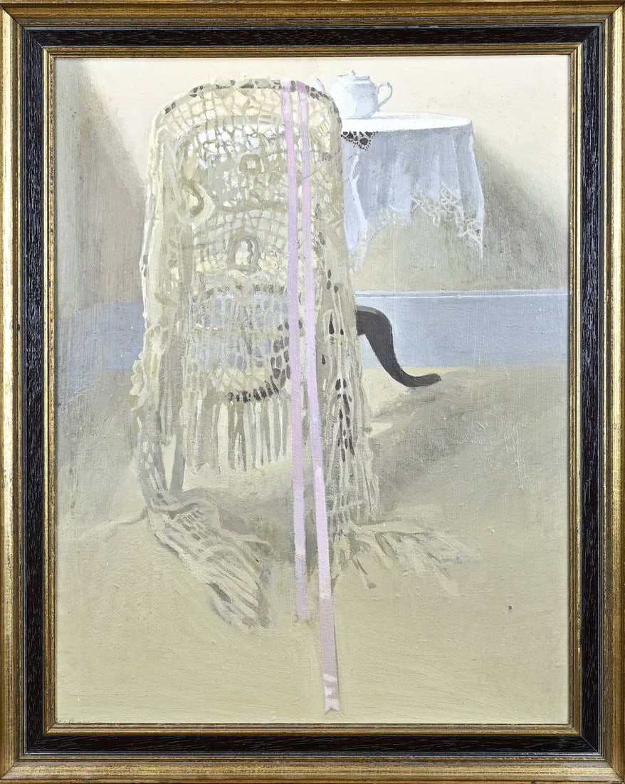 Unclear sign., Still life chair with table: Unclearly signed. Origin: Polder gallery. Still life with chair and table. Oil on panel. Dimensions: H 52 x W 40 cm. In good condition.