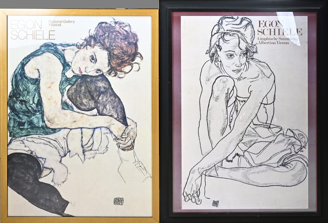 2x Egon Schiele (poster): 2x Egon Schiele. Exhibition posters. 1x Graphic Collection Albertina Vienna. 1x Egon Schiele, National Gallery Praha. Dimensions: H 82 x W 52 cm. / H 85 x W 60 cm. Lithograph on paper. In good