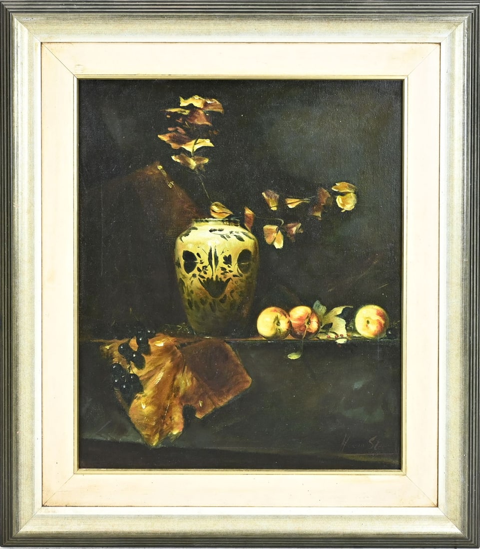 H. van Steen, Still life: H. van Steen. Dutch School. 20th Century. Still life with Delft vase, flowers and fruit. Oil on linen. Dimensions: H 60 x W 50 cm. In good condition.