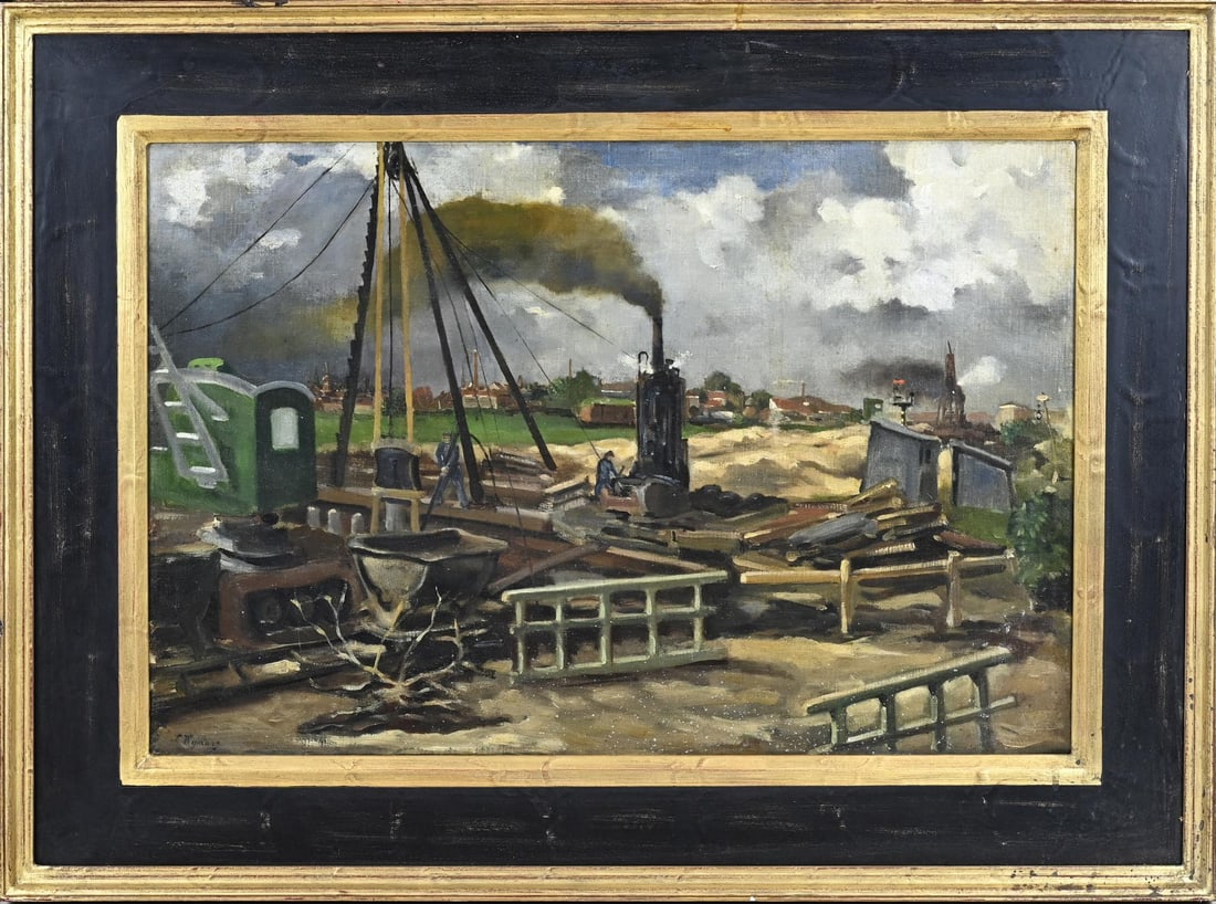 Louis Wijmans, Construction pit: Louis Wijmans. 1905 - 1994. Dutch School. Construction pit with steam engine and workers. Oil on canvas. Dimensions: H 45 x W 70 cm. In good condition.