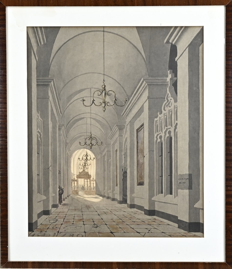 GL Oosteweeghes, Church interior: GL Oosteweeghes. 1891. Church interior with figures. Watercolor on paper. Dimensions: H 60 x W 48 cm. In good condition.